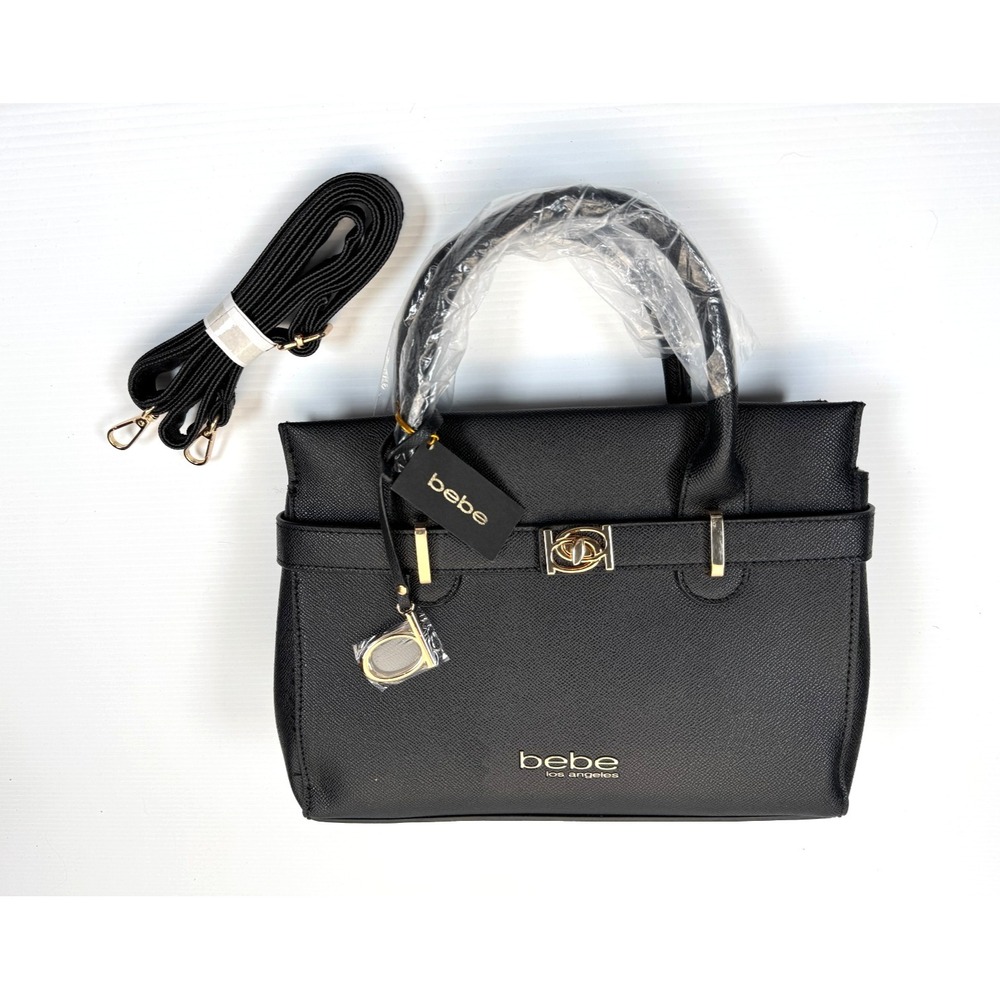 bebe Evie Crossbody Bag Satchel Faux Leather Handbag Purse NWT Black Gold Hw